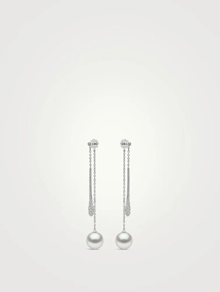 18K White Gold Double Chain Drop Earrings With Pearls And Diamonds