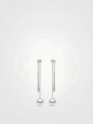 18K White Gold Double Chain Drop Earrings With Pearls And Diamonds