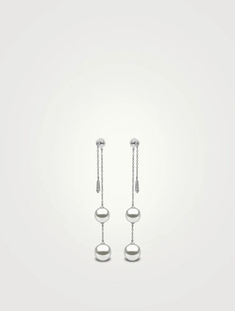 18K White Gold Double Chain Drop Earrings With Pearls And Diamonds