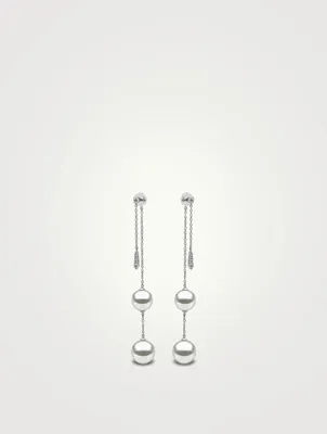 18K White Gold Double Chain Drop Earrings With Pearls And Diamonds