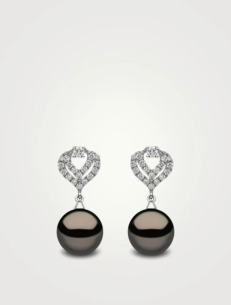 18K White Gold Tahitian South Sea Pearl Earrings With Diamond-Encrusted Double Teardrop