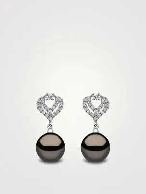 18K White Gold Tahitian South Sea Pearl Earrings With Diamond-Encrusted Double Teardrop