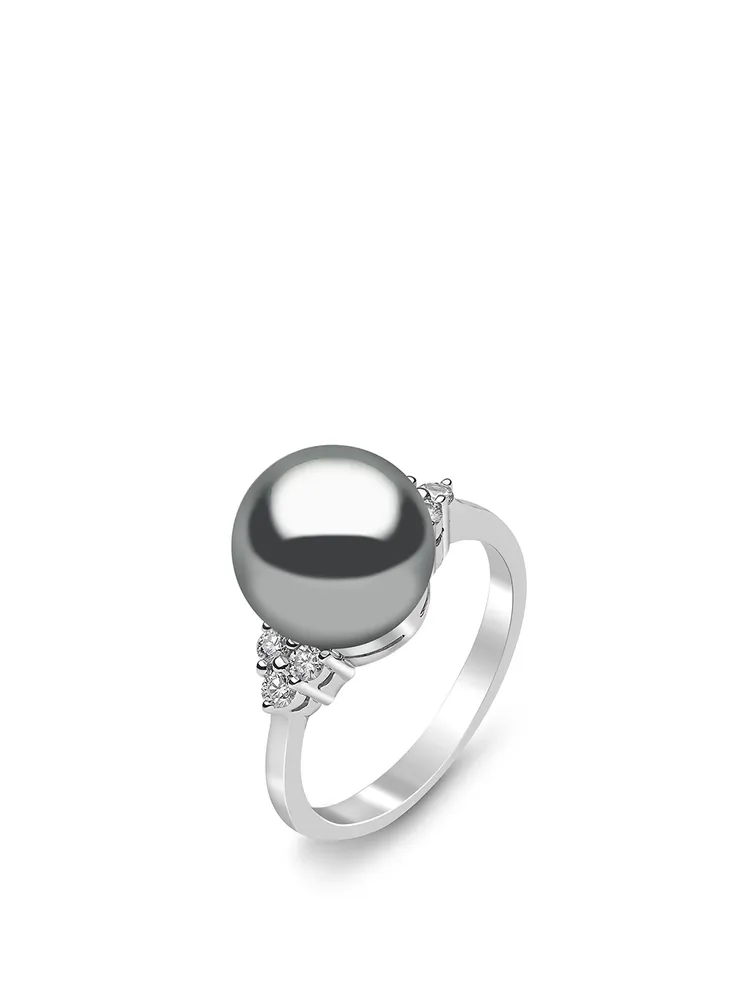 18K White Gold Tahitian South Sea Pearl Ring With Diamonds