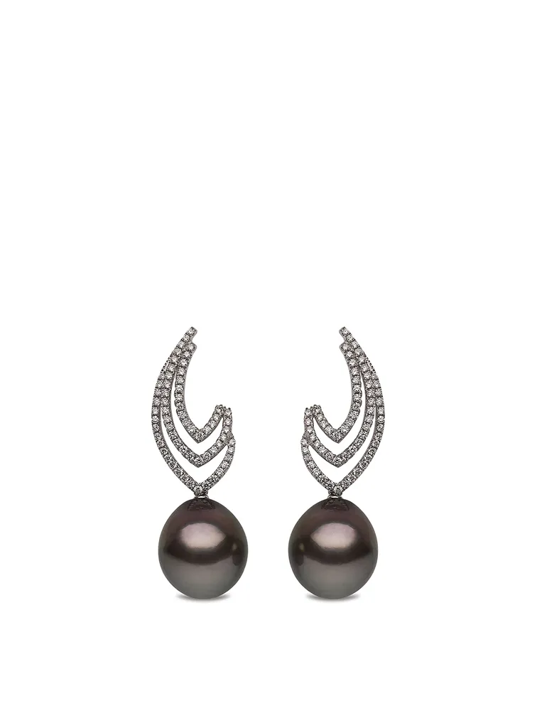 18K White Gold Tahitian South Sea Pearl Drop Earrings With Diamonds