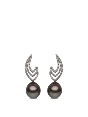 18K White Gold Tahitian South Sea Pearl Drop Earrings With Diamonds