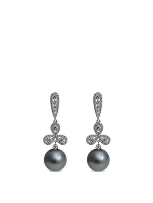 18K White Gold Tahitian South Sea Pearl Drop Earrings With Diamonds