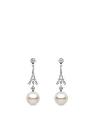 18K White Gold Australian South Sea Pearl Drop Earrings With Diamonds