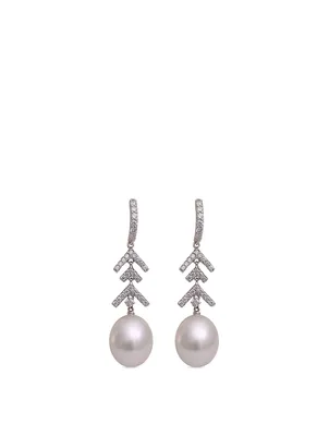 18K White Gold Australian South Sea Pearl Drop Earrings With Diamond Chevron