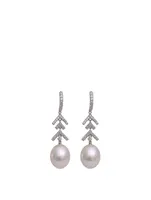 18K White Gold Australian South Sea Pearl Drop Earrings With Diamond Chevron