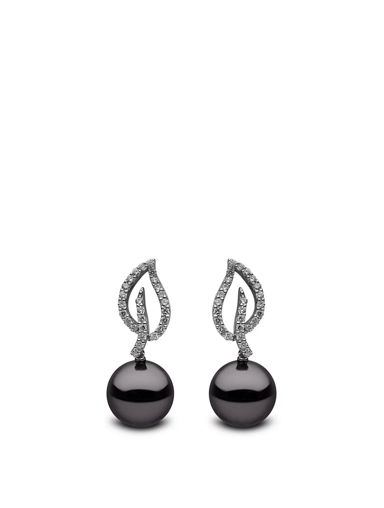 18K White Gold Tahitian South Sea Pearl Drop Earrings With Diamonds