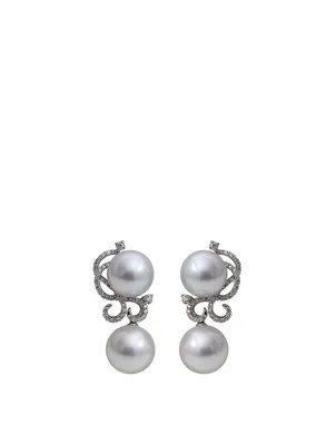 18K White Gold Australian South Sea Double Pearl Earrings With Diamonds