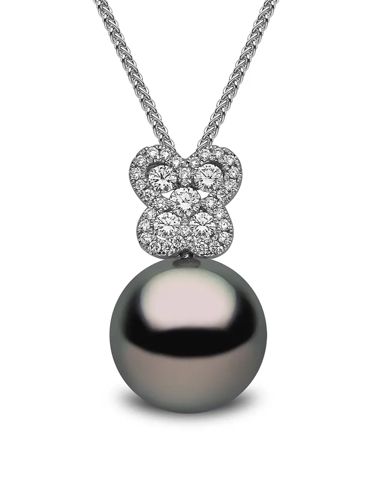 18K White Gold Black Pearl And Diamond Pendant Necklace