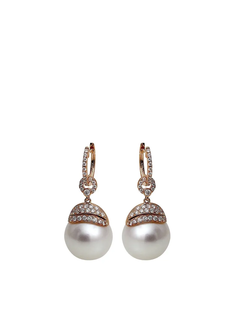 18K Yellow Gold Pearl Leaf Drop Earrings With Diamonds