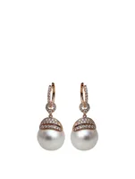 18K Yellow Gold Pearl Leaf Drop Earrings With Diamonds