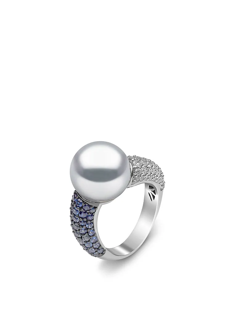 18K White Gold Australian South Sea Pearl Ring With Diamonds And Sapphire
