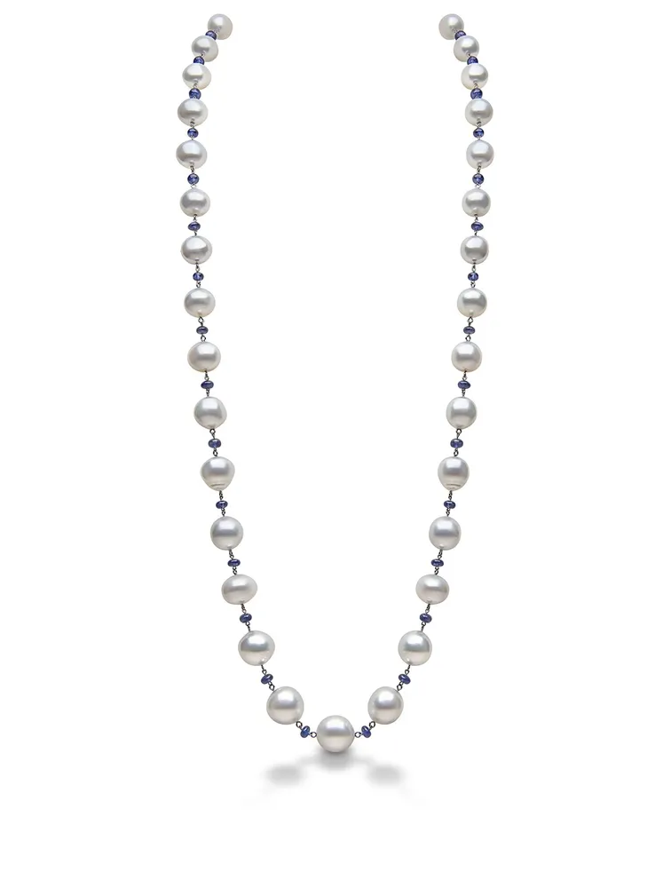 18K White Gold Graduated Pearl Necklace With Sapphires