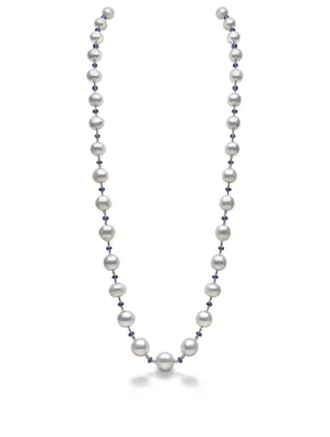 18K White Gold Graduated Pearl Necklace With Sapphires