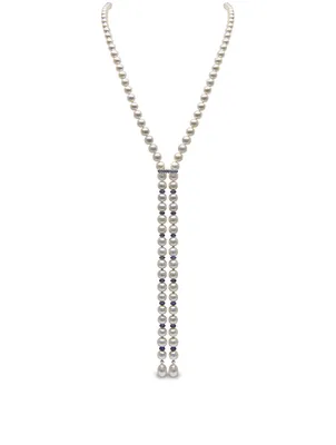 18K White Gold Pearl Bar Necklace With Sapphires