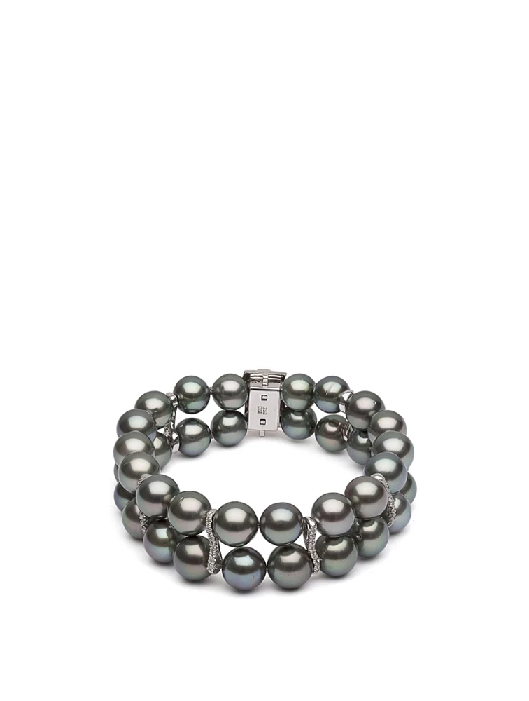 18K White Gold Tahitian South Sea Pearl Double Layer Bracelet With Diamonds