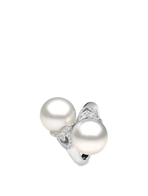 18K White Gold Double Australian And Tahitian South Sea Pearl Ring With Diamonds