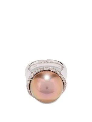 18K White Gold Pearl Ring With Diamonds