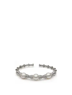 18K White Gold Open Bangle With Pearls And Diamonds