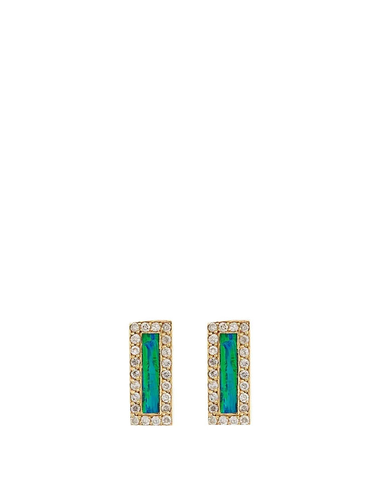 Gold Opal Inlay Bar Stud Earrings With Diamonds