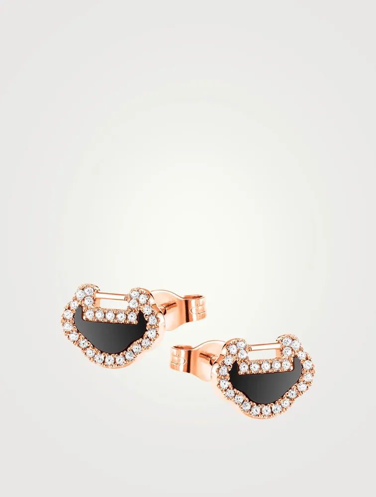 Petite Yu Yi 18K Rose Gold Stud Earrings With Diamonds And Onyx