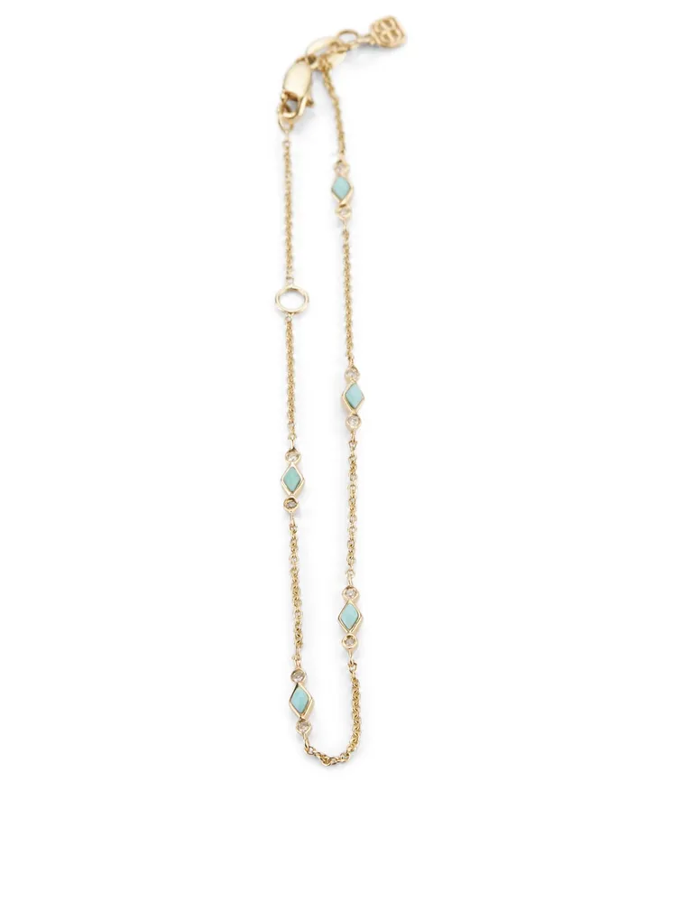 14K Gold Bezel Bracelet With Turquoise And Diamonds