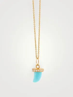 14K Gold Turquoise Horn Pendant Necklace With Diamonds