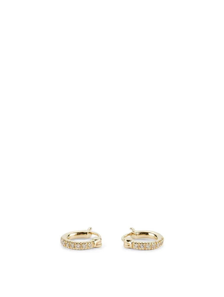 Small 14K Gold Huggie Hoop Earrings With Diamonds