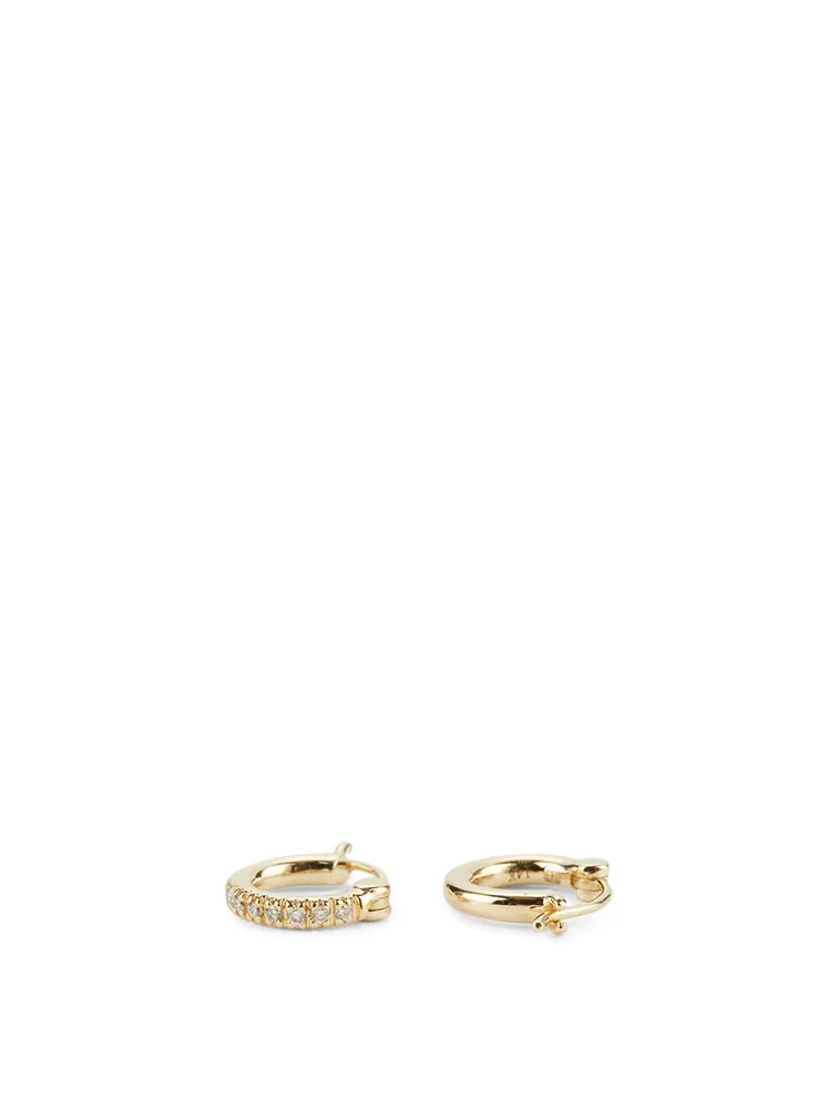 Small 14K Gold Huggie Hoop Earrings With Diamonds