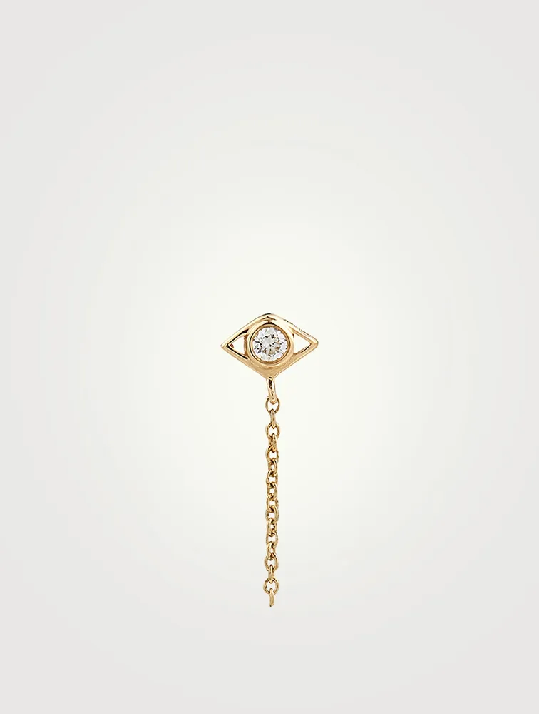 14K Gold Evil Eye Chain Stud Earring With Diamond