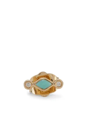 14K Gold Bezel Stud Earring With Turquoise And Diamonds