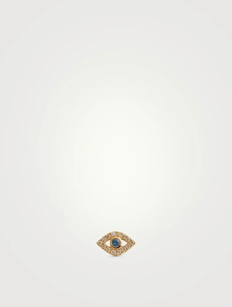 Small 14K Gold Bezel Evil Eye Single Stud Earring With Sapphire and Diamonds