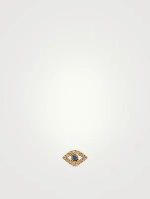Small 14K Gold Bezel Evil Eye Single Stud Earring With Sapphire and Diamonds