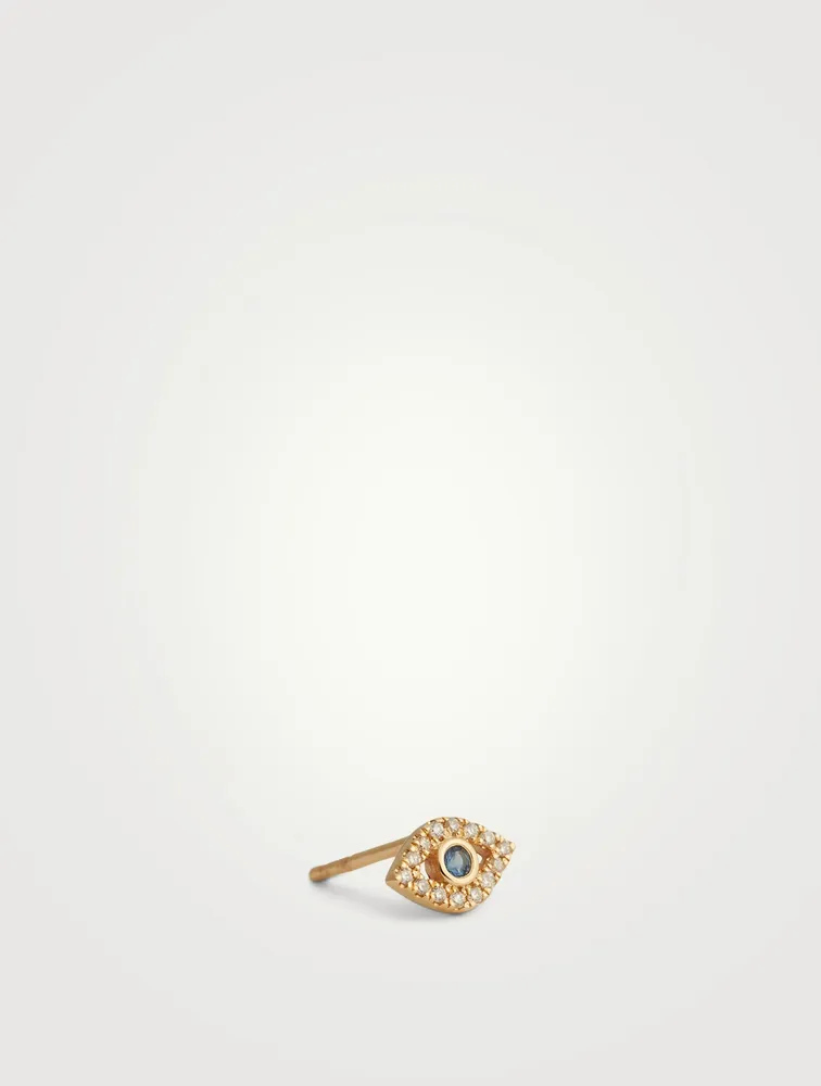 Small 14K Gold Bezel Evil Eye Single Stud Earring With Sapphire and Diamonds