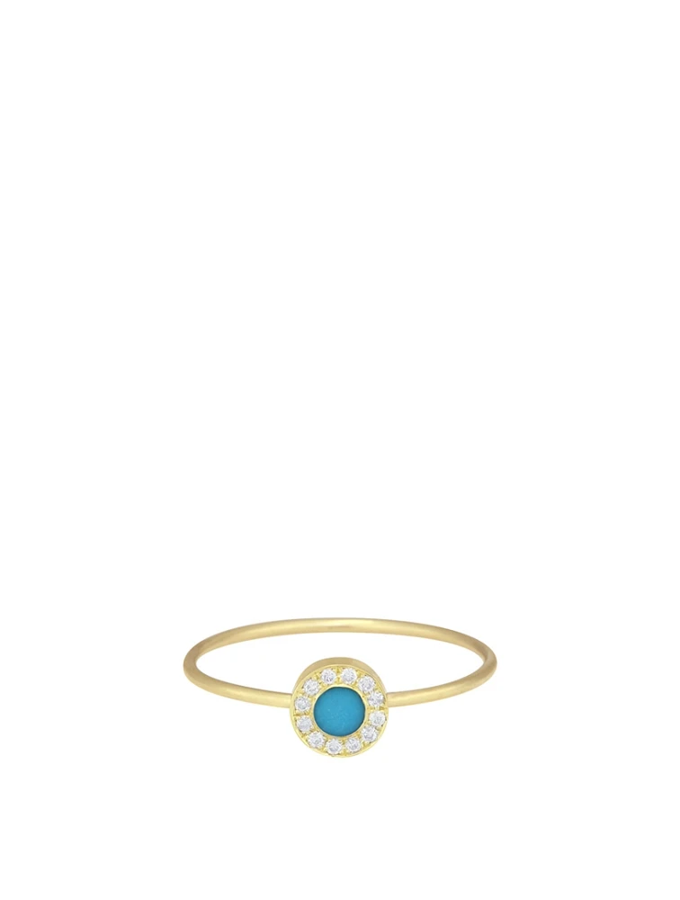 Mini 18K Gold Circle Ring With Turquoise Inlay And Diamonds