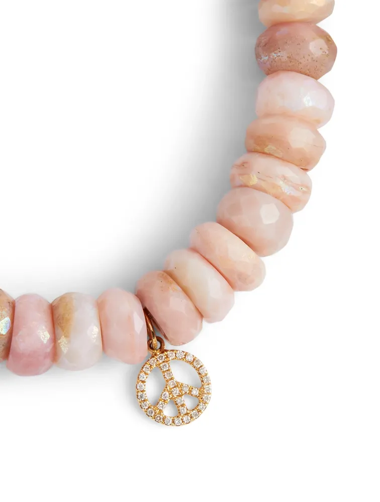 Pink Opal Beaded Bracelet With 14K Gold Mini Diamond Peace Sign Charm