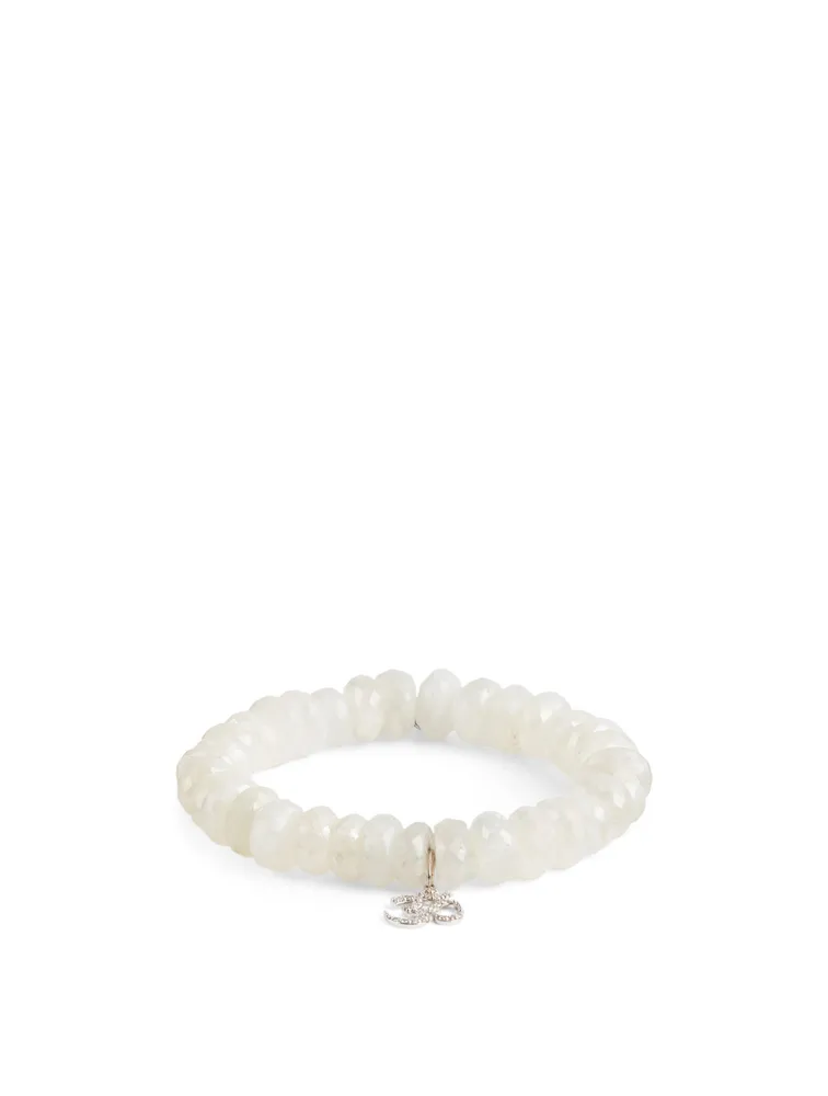 White Moonstone Beaded Bracelet With 14K White Gold Diamond Om Charm