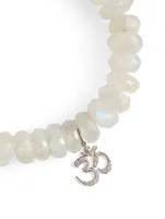 White Moonstone Beaded Bracelet With 14K White Gold Diamond Om Charm