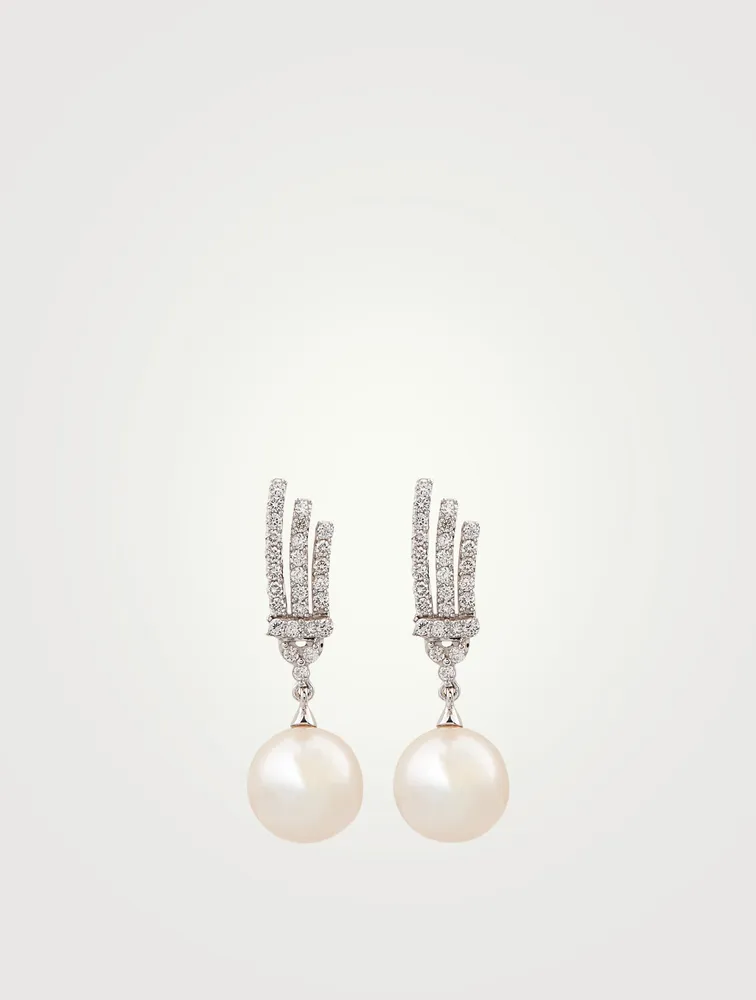 18K White Gold Pearl And Diamond Drop Earrings