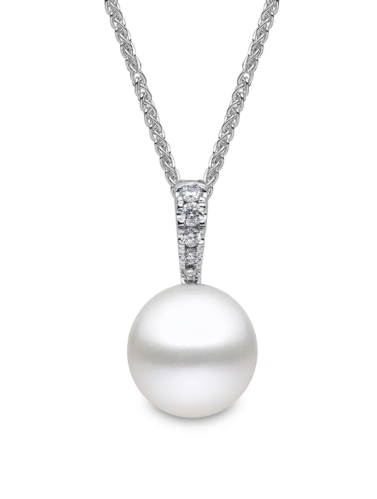 18K White Gold Freshwater Pearl And Diamond Pendant Necklace