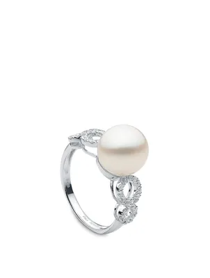 18K White Gold Pearl Ring With Diamonds