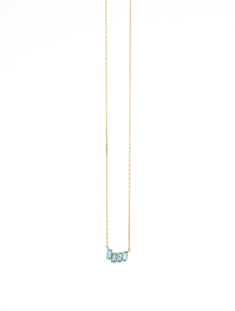 14K Gold Petite Zig Zag Bar Pendant Necklace With Blue Topaz