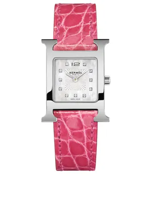 Small Heure H Stainless Steel Alligator Strap Watch With Diamonds