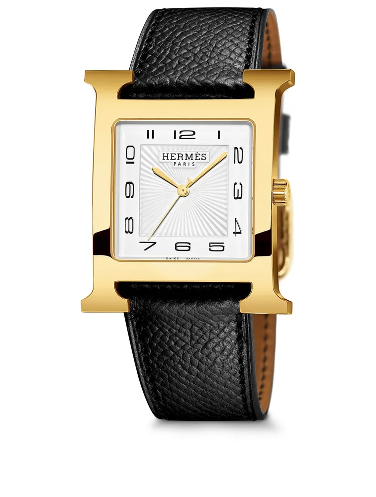 Very Large Heure H Gold Plated Leather Strap Watch