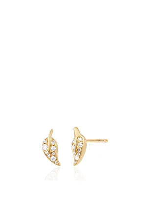 Mini 14K Gold Leaf Earrings With Diamonds