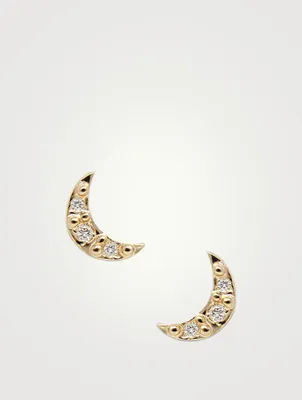 Aztec 14K Gold Moon Crescent Stud Earrings With Diamonds