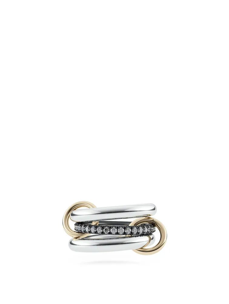 Libra Noir Sterling Silver And 18K Gold Stacked Ring With Diamonds